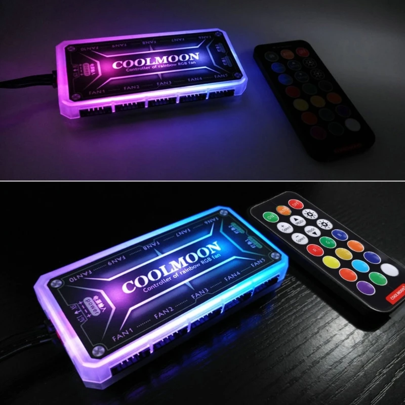 COOLMOON RGB Remote Controller DC12V 5A LED Color Intelligent Controller with 10X 6pin Fan Port 2 X 4pin Light Bar Port