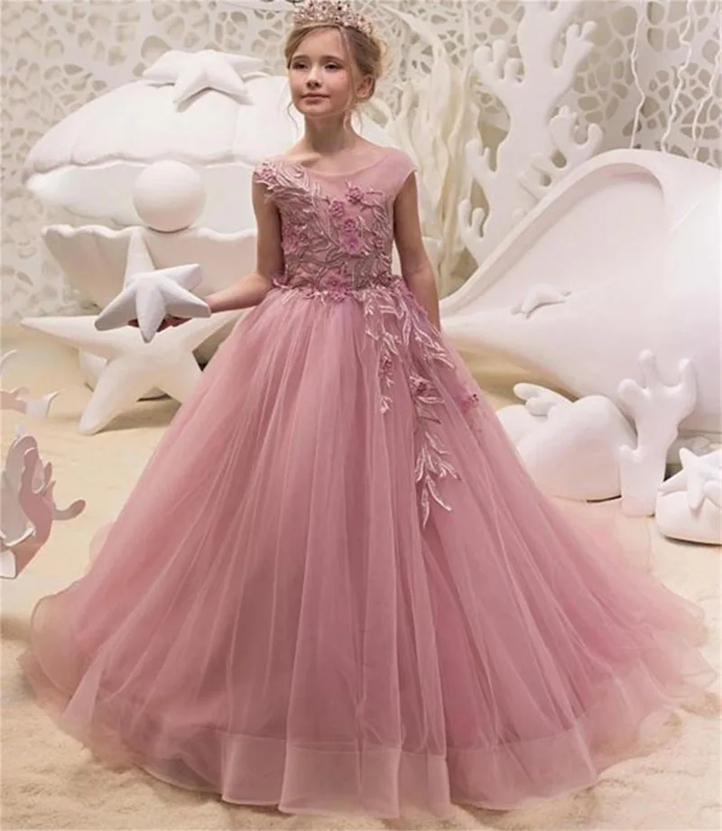 

Pink Flower Girl Dresses Lace Tulle Beading Appliqued Pageant For Girls First Communion Dresses Kids Prom Dresses