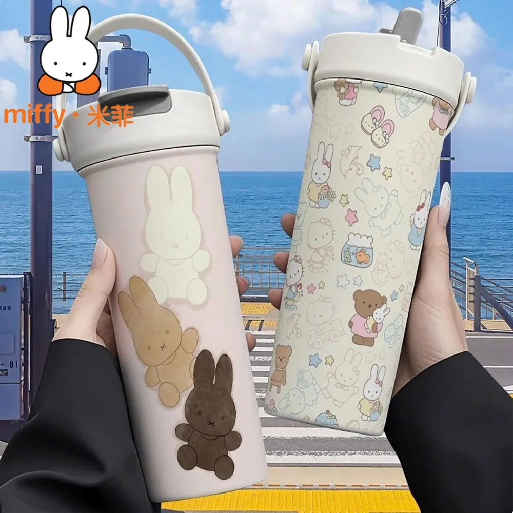 Фото Термос-кружка Miffy Rabbit с двумя соломинками, большой емкости, портативная, для кофе и чая, для офиса и улицы №4