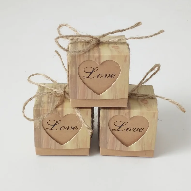

100pcs/lot Romantic Heart spade Candy Box for Wedding Decoration Vintage Kraft Box Favors and Gift Box with Burlap Twine Chic