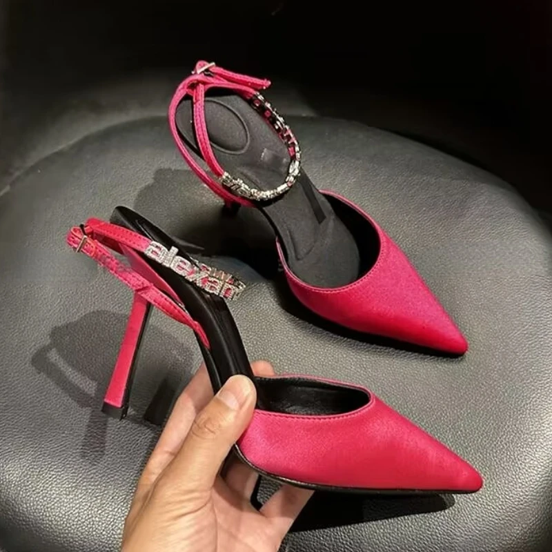 Women's Sandals  Spring/Summer New Fashion Banquet Rhinestone Letter Buckle Baotou High Heel Pointy Sexy Thin Heel Hollow Shoes