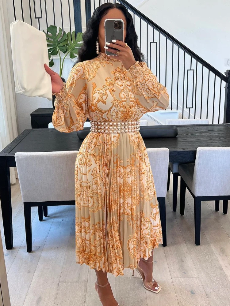 

Женское платье с длинным рукавом-фонариком, желтое плиссированное платье большого размера с принтом