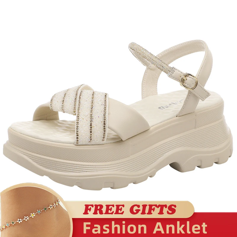 7CM Knot Design Genuine Leather Fashion Rhinestones Deco Women Sandals Soft Soles Platform Casual Woman Sandals Female Shoes