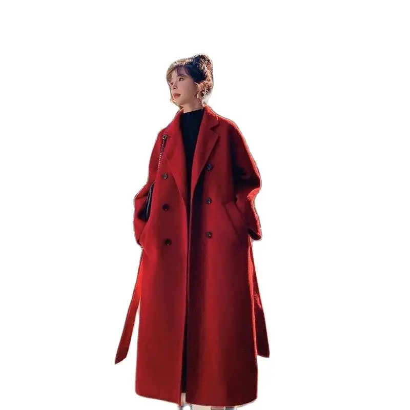 Женское шерстяное пальто женское двубортное для осени и зимы длинная свободная