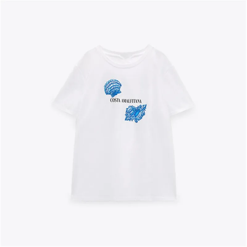 

PB&ZA Spring/Summer New Women's Casual Versatile White Round Neck Shell Embroidered Cotton Short Sleeve T-Shirt 0264/055
