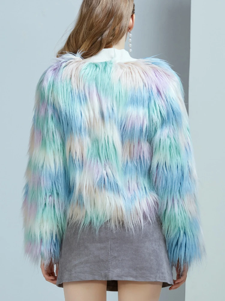 Fashion Blue Ice Cream Macaron Color Faux Fur Coats Women 2022 Winter Warm Plush Cardigan Ladies Office Outwear Fluffy Jackets