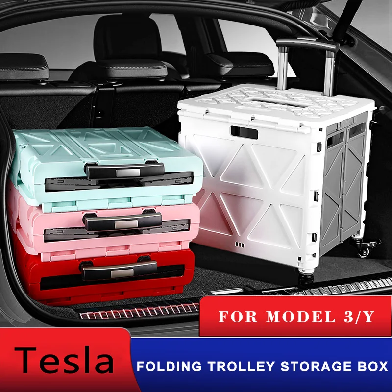 

Vehicle Foldable Trolley Case-52L All Car For Tesla Model 3 Y S X Accessories Travel Shopping Folding Expansion Storage Box 2022