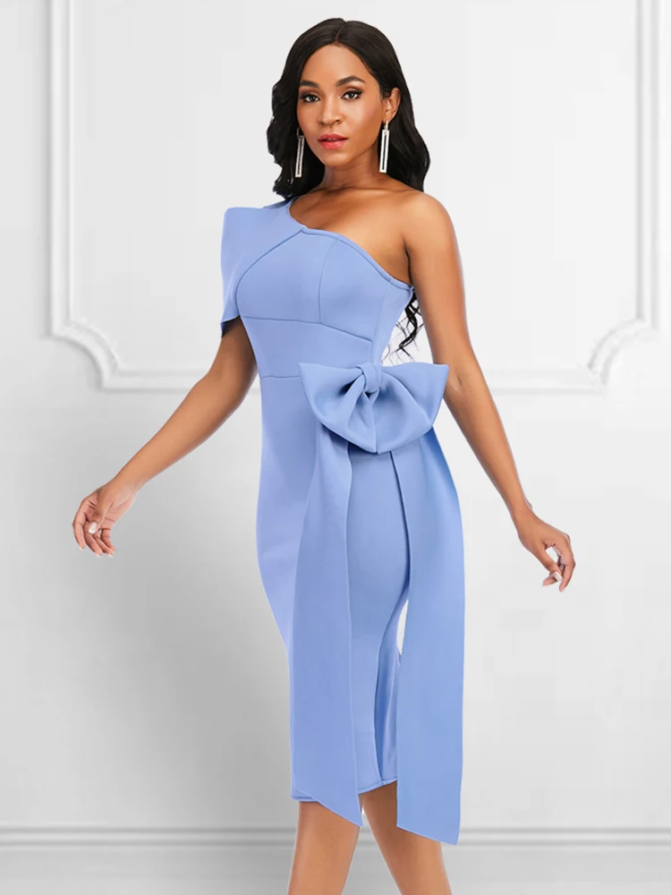 

Elegant Women Party Dress Sexy One Shoulder Big Bowtie Chic Dress Bodycon Big Size African Gowns Party Birthday Night Dinner