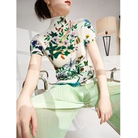miyake pleated tops women summer 2022 new turtleneck short sleeved slimming stretch floral print t shirts for female 45 75kg
