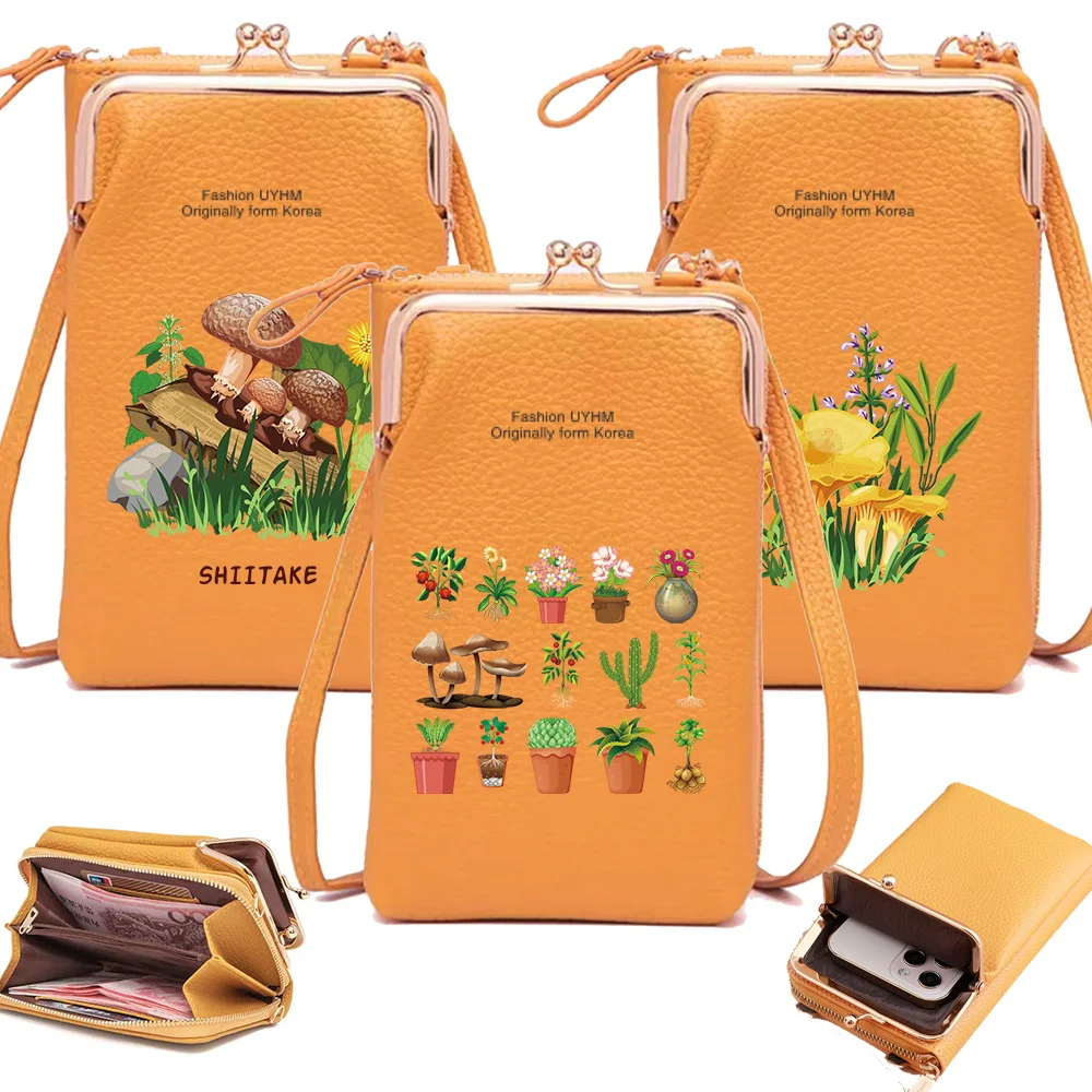 

PU Leather Wallets Card Holder Clutch Pack Women Universal Waterproof Mobile Phone Bag Mushroom Print Coin Purse Crossbody Bags