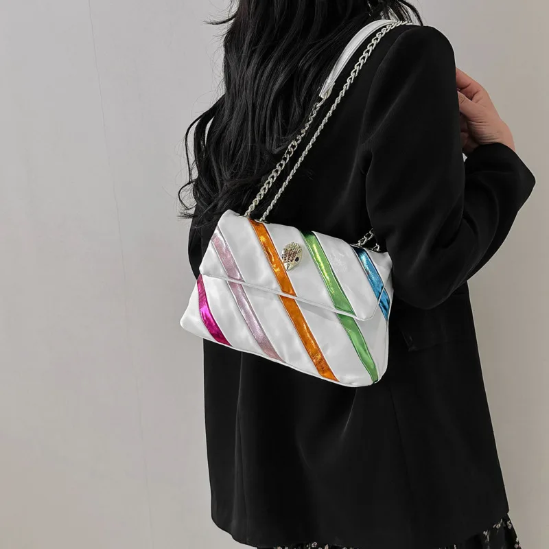 

Радужная женская сумка через плечо, металлический шарнирный красочный саквояж через плечо, модный дизайнерский текстурный пояс на плечо с цепочкой, искусственная сумка