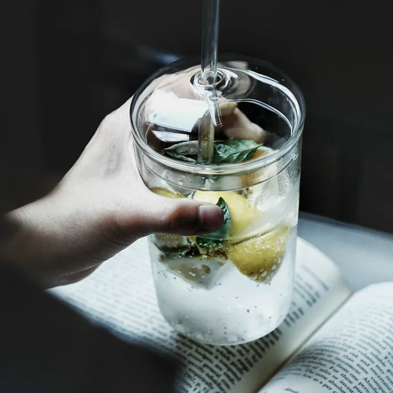 

Creative Glass Cups for Coffee Tea Drinks Milk Tea Water Cups with Drinking Cup Simple Design MJ Glass Cover Glass Straw