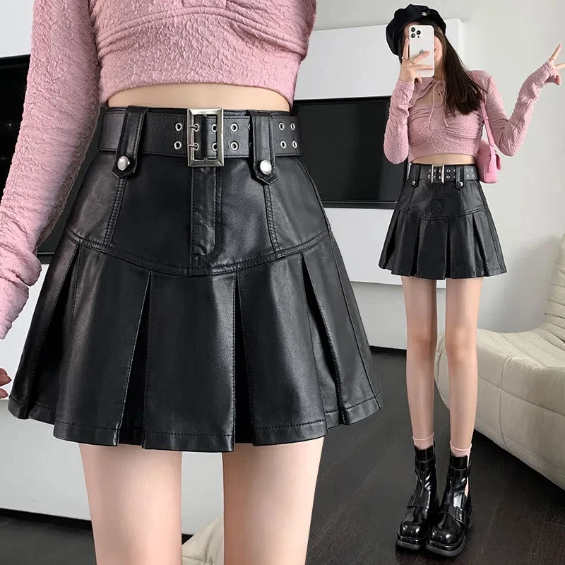 

PU leather short skirt pleated skirt women's winter high waist meat covering new black skirt versatile a-line leather skirt skir