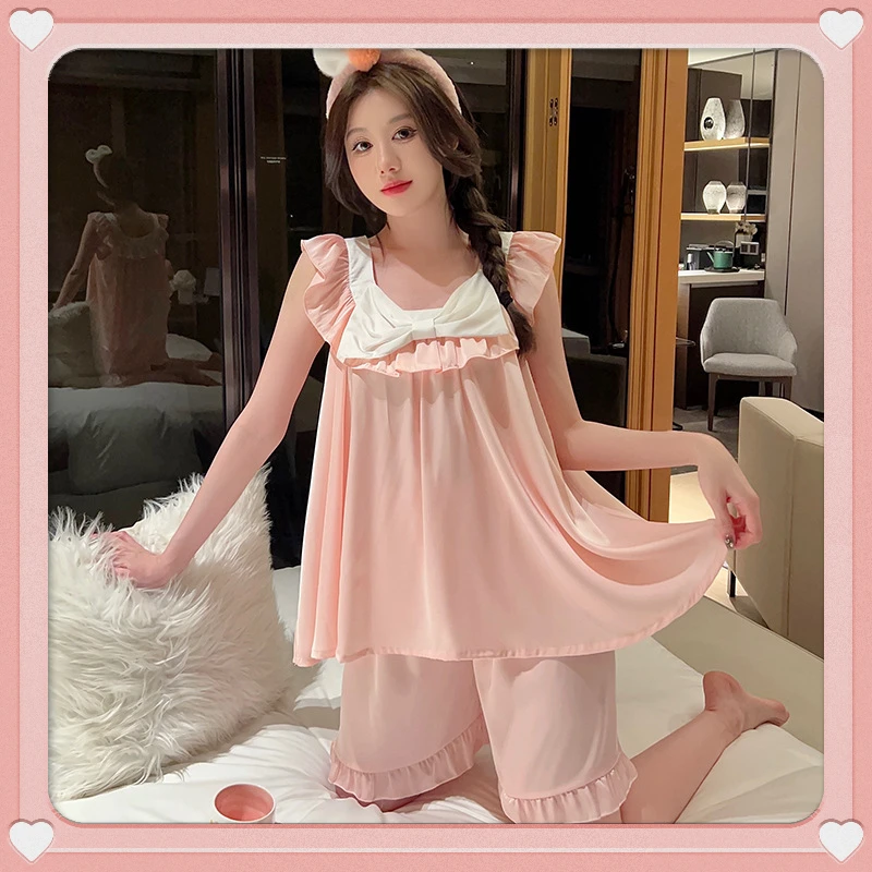 Silk Pajamas for Women Summer Thin Sexy Cool Sleeveless Ruffled Sling Home Service Suit Solid Color Sweet Simple Bow Sleepwear