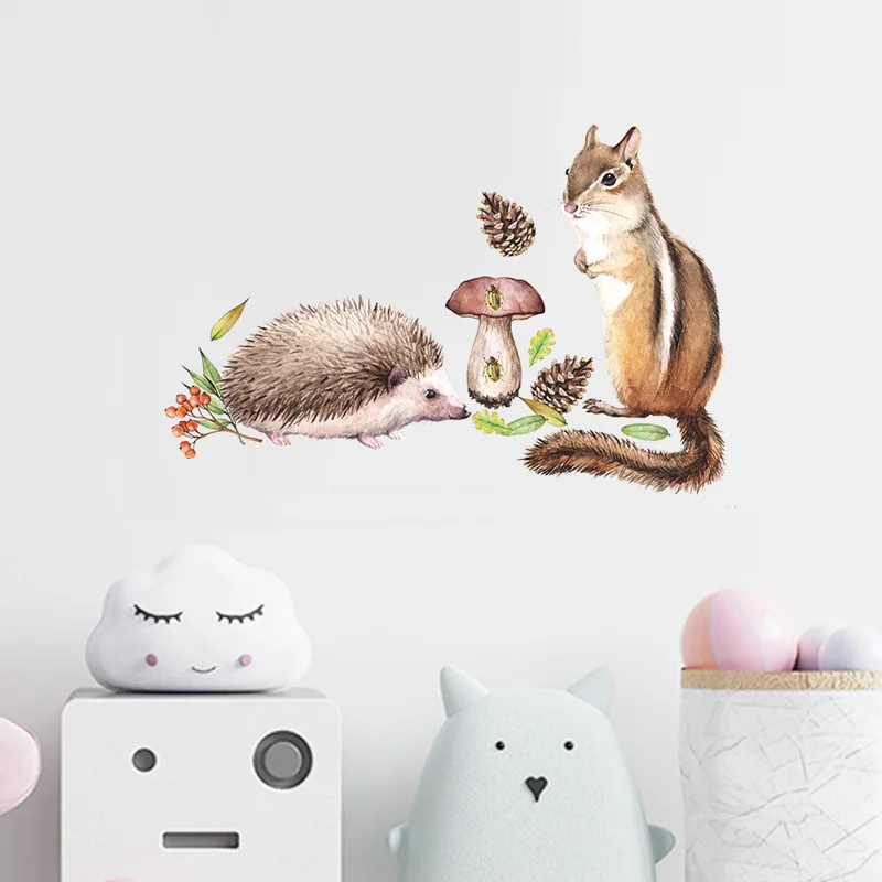 

T16# Cartoon Squirrel Hedgehog Wall Sticker For Kids Room Bedroom Decoration Mural Wallpaper Home Decor Cute Animals Stickers
