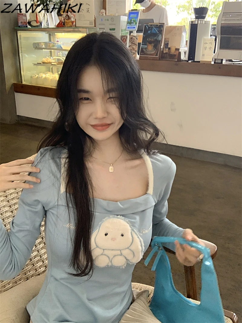 

Y2K женский осенне-зимний облегающий плиссированный топ с квадратным вырезом и графическим принтом