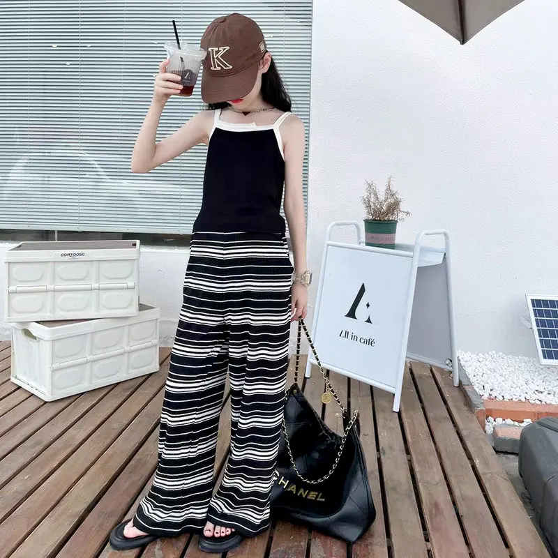 Children Clothing Sets Tank Top And Chiffon Pants Striped Print Straight Casual Girls Summer Cool Two Pieces Costumes 4-14Years