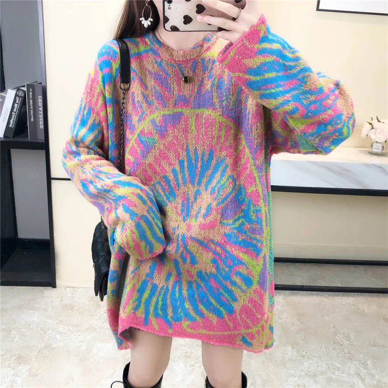 

Women Loose Sweater Korea Chic 2023 New Autumn Winter O-neck Pullover Loose Jacquard Design Casual Versatile Midi Knit Pullover