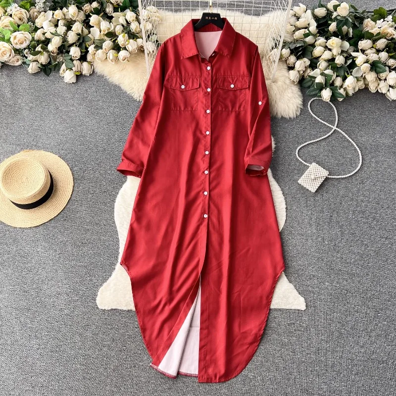 

Autumn New Fashion Hepburn Style Polo Collar Shirt Dress Women's Single-breasted Button Design Sense of High-quality Long Skirt