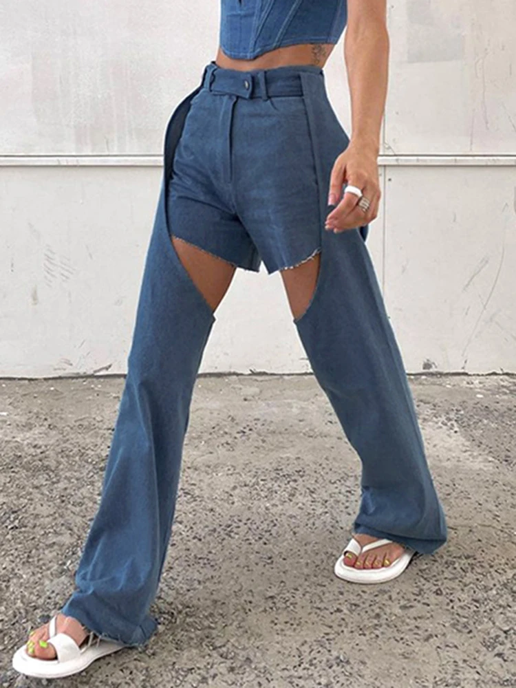 

Sifreyr Y2K Hollow Out Baggy Jeans Women Vintage Patchwork High Waist Denim Trousers Fashion Streetwear 90s Retro Grunge Pants