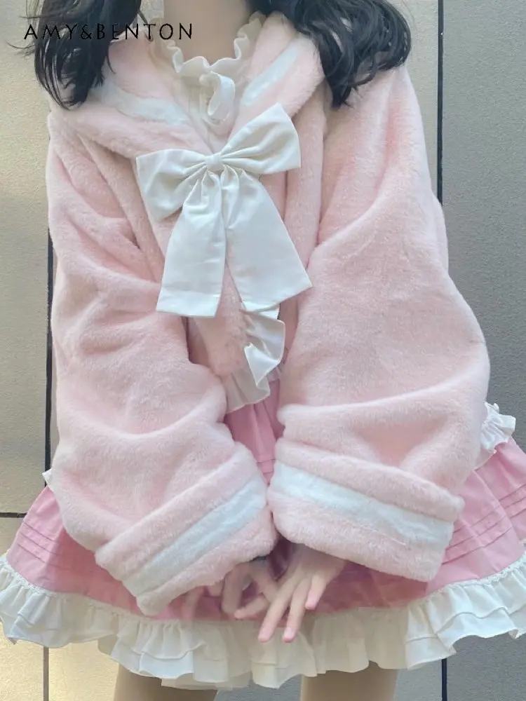 

Winter Thickened Faux Rabbit Fur Jacket Women Loose Sweet College Style Satin Lace Coat Lady Sailor Collar Short Jacket