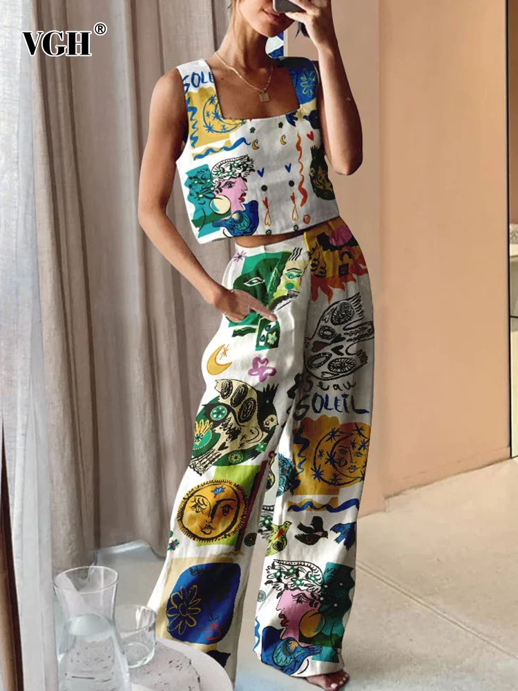 

VGH Hit Color Casual Two Piece Set For Women Square Collar Sleeveless Vest High Waist Full Length Pants Loose Sets Female New