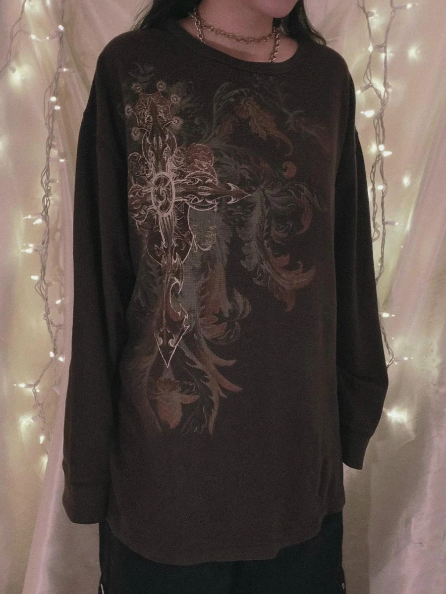 

Женские винтажные топы с круглым вырезом и цветочным принтом, с длинным рукавом