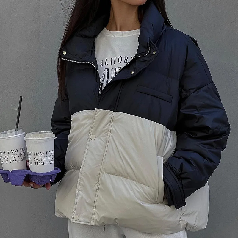 Hit The Color Lapel Trendy Jacket Female Autumn and Winter New Warm Long-Sleeved Zipper Fashion Versatile Cotton Jacket