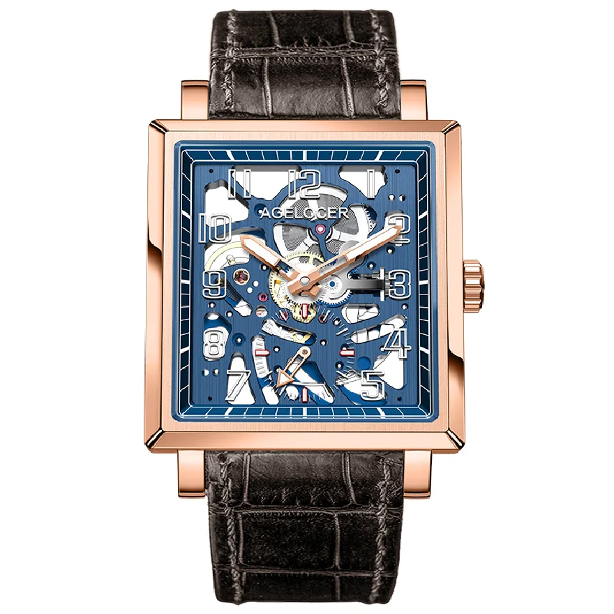 

AGELOCER Sapphire Blue Skeleton Mens Mechanical Watch Top Brand Luxury Waterproof 50m Fashion Mechanical Watch Clock