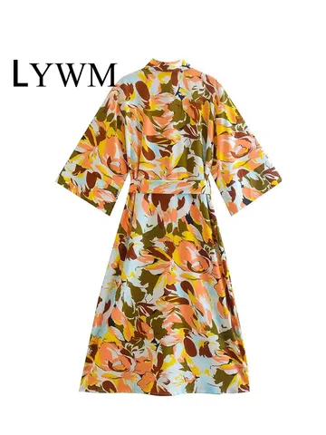 LYWM Women Fashion Printed With Belt Midi Shirt Dress Vintage Lapel Neck Single Breasted Long Sleeves Female Chic Dresses