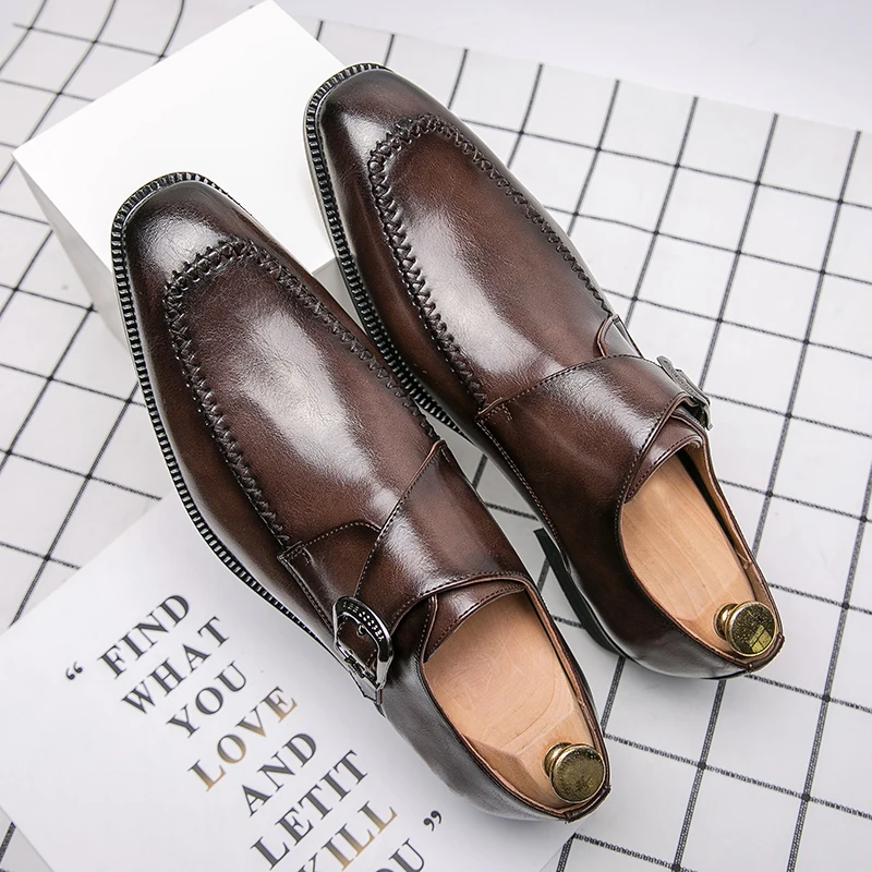

New Pattern Mens Fashion Brown Black Casual Dress Men's Shoes Side Buckle Leather Wingtip Dress Wedding Slip-on Loafers Sapato