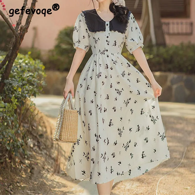 

French Vintage Midi Dress Women Short Sleeve Sweet Peter Pan Collar Floral Dress Evening Party Retro Elegant Korean 2022 Summer