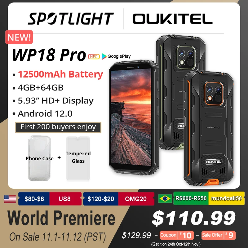 Cena Światowa Premiera OUKITEL WP18 Pro Wytrzymały Telefon 12500mAh Android 12 4GB + 64GB Telefon Komórkowy 5.93 ''HD + Wyświetlacz 13MP Camera Smartphone