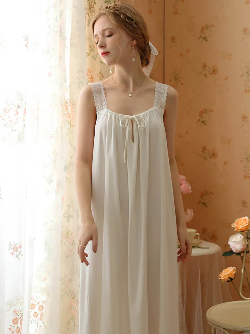 Women Summer Spaghetti Strap Lace-up Drawstring Nightdress Pajamas Vintage Princess Loose Fairy Cotton Sweet Sexy Sleepwear