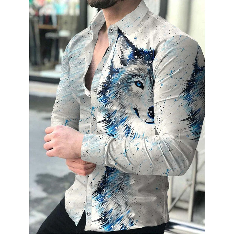 Luxury Brand Men's Lapel Shirts Lion Harajuku Print Vintage Long Sleeve Buttons Fashion Prom Dress Party Tops Hawaiian Cardigan