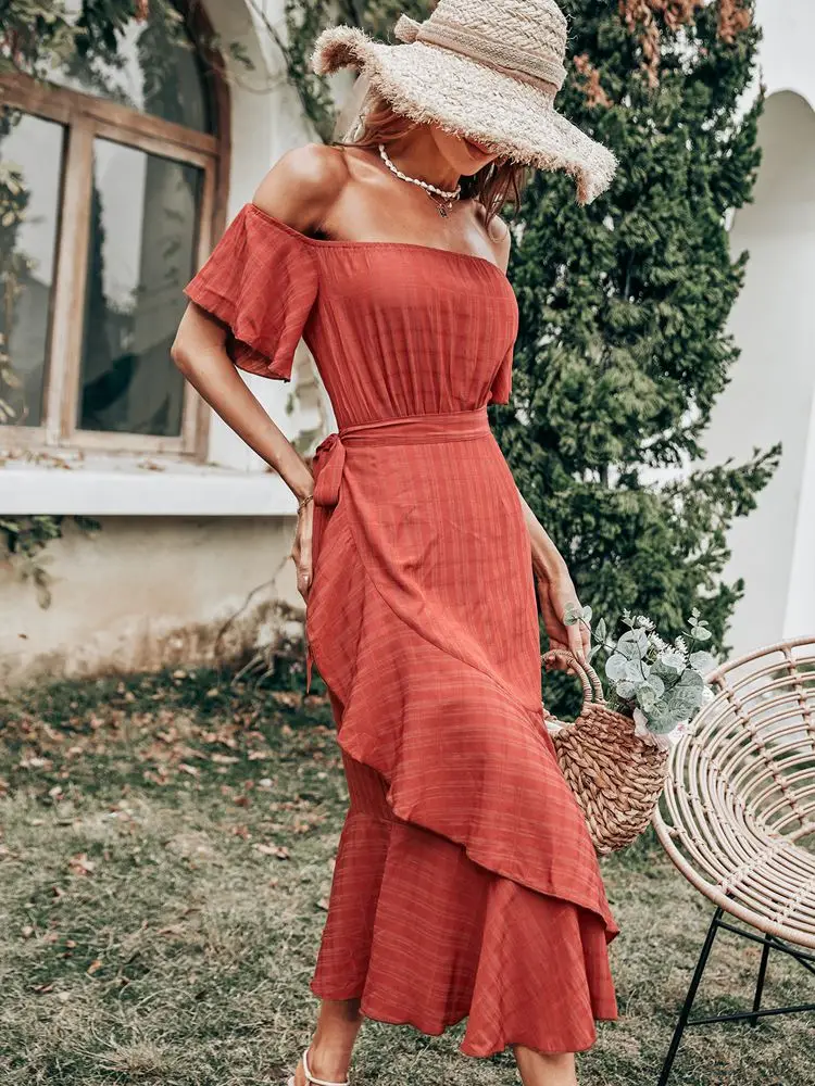 

2022 Весенняя Новая женская Однотонная юбка с коротким рукавом и открытыми плечами, асимметричная юбка, галстук, высокая талия, Дамское Плать...