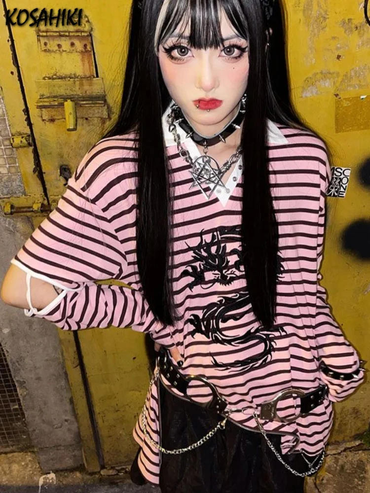 

Punk Sweet Striped T-shirts Long Sleeve 2023 Spring Loose Casual Basic Top Women V Neck Y2k Aesthetic Dragon Print All Match Tee