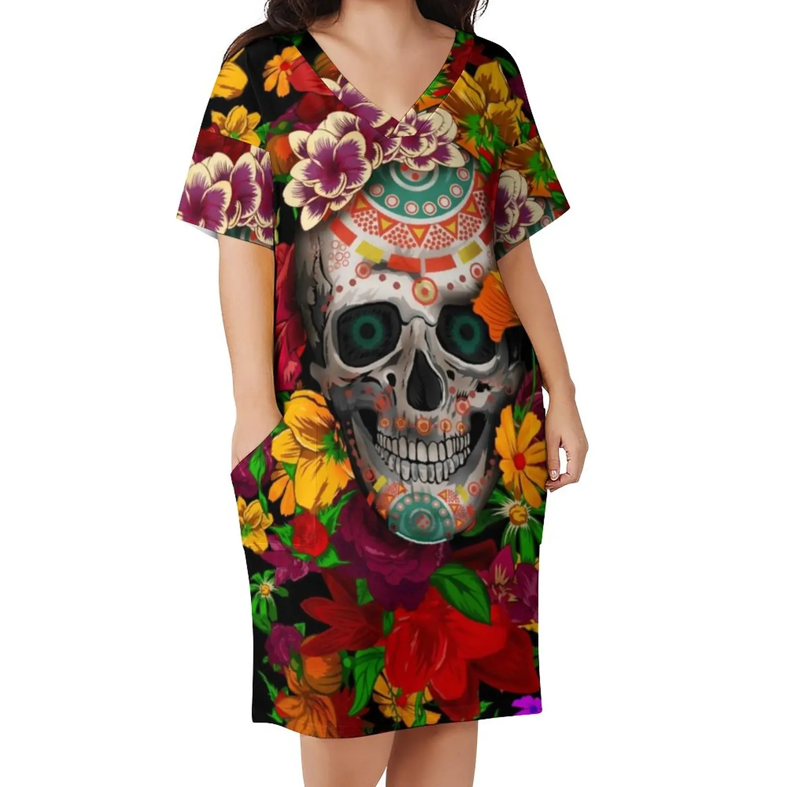 

Smiling Sugar Skull Dress V Neck Day of The Dead Flower Print Vintage Dresses Street Style Casual Dress With Pockets Plus Size