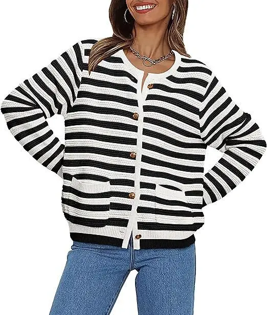 

Women's Striped Cardigan Sweaters 2023 Fall Open Front Long Sleeve Crewneck Button Down Knit Cardigans Outerwear with Pockets