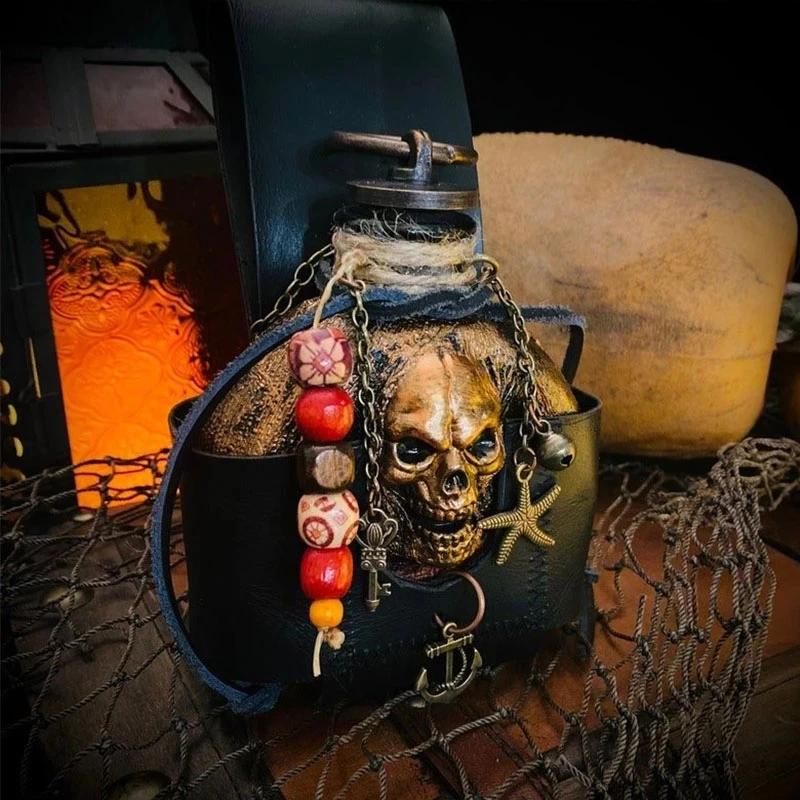 

Halloween Skull Pirate Rum Bottle Ornament Resin Sculpture Flagon Accessory Party Wine Flask Figurines Horror Props Decor Kettle