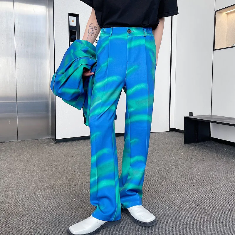2023Blue Suit Print Pants Vintage Colorful Fashion Men Show Loose Casual Party Male Streetwear Hip Hop Trousers