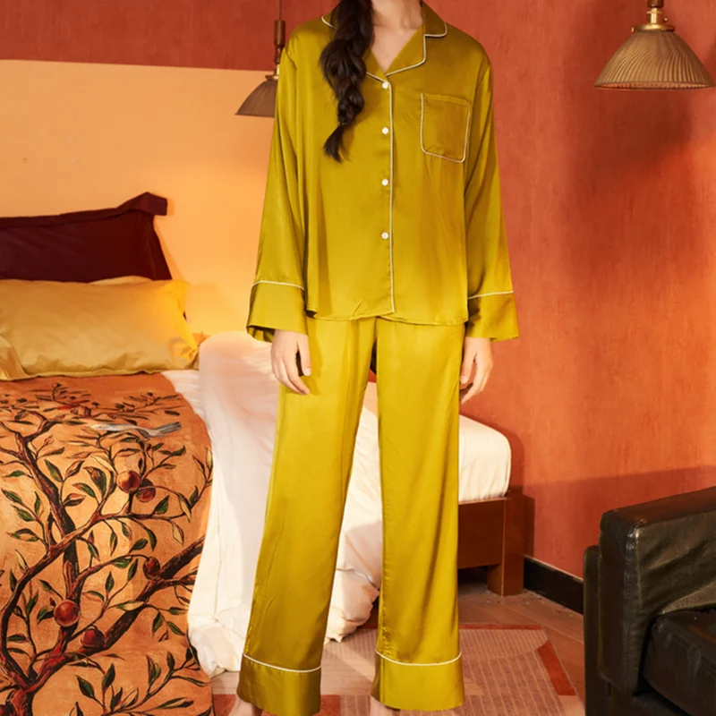 Satin Chiffon Sleep&Lounge Long Sleeve Pants Home Suit Retro Women's Pajamas Set 2 Pcs Sleep Bottoms