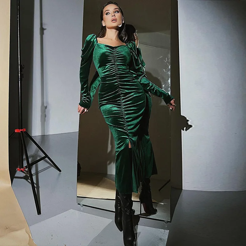 

Wepbel Party Midi Dress Women Solid Square Collar Pleated Slim Fit Slit Long Sleeve Dresses High Waist Slim Fits Bodycon Dress