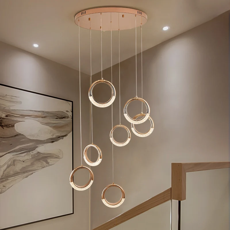 

Luxury LED Chandelier Gold Staircase Long Pendant Lamp Northern Europe Design Modern Duplex Villa Loft Adjustable Hanging Light