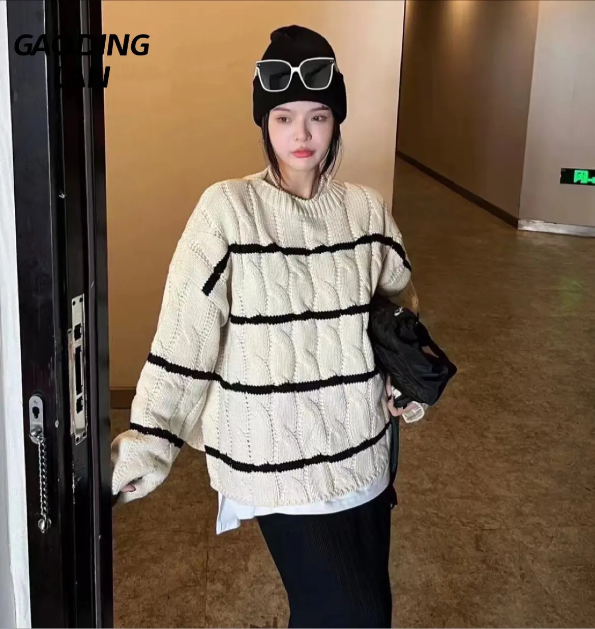 

Autumn Winter Women Vintage Contrast Stripe Slouchy Sweater Long Sleeve Large Size Fried Dough Twist Knit Tops Loose Pullovers