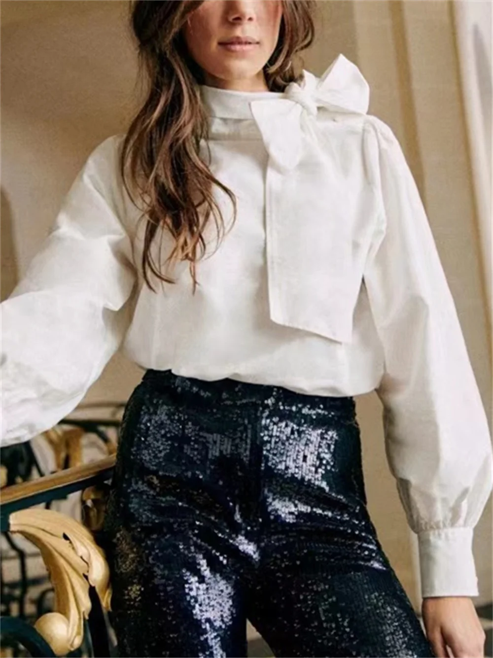 

Women Blouse Half Turtleneck Lantern Sleeve Bow Office Lady Shirt