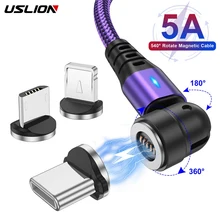 USLION-540 도 회전 마그네틱 5A 고속 충전 마이크로 USB c형 케이블, 아이폰 샤오미 자석 충전기 와이어 코드 USB 케이블
