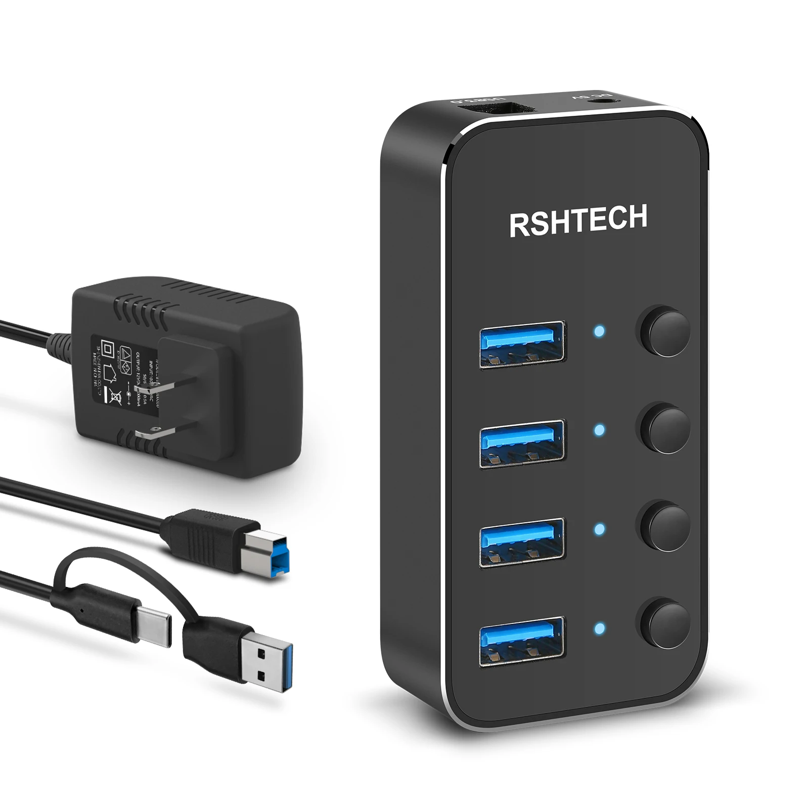 

RSHTECH Aluminum 4 in 1 USB Hubs with DC 5V/2A Power Adapter 5Gbps Hub Adapter 4 Port USB 3.0 Hub for Macbook and Computer