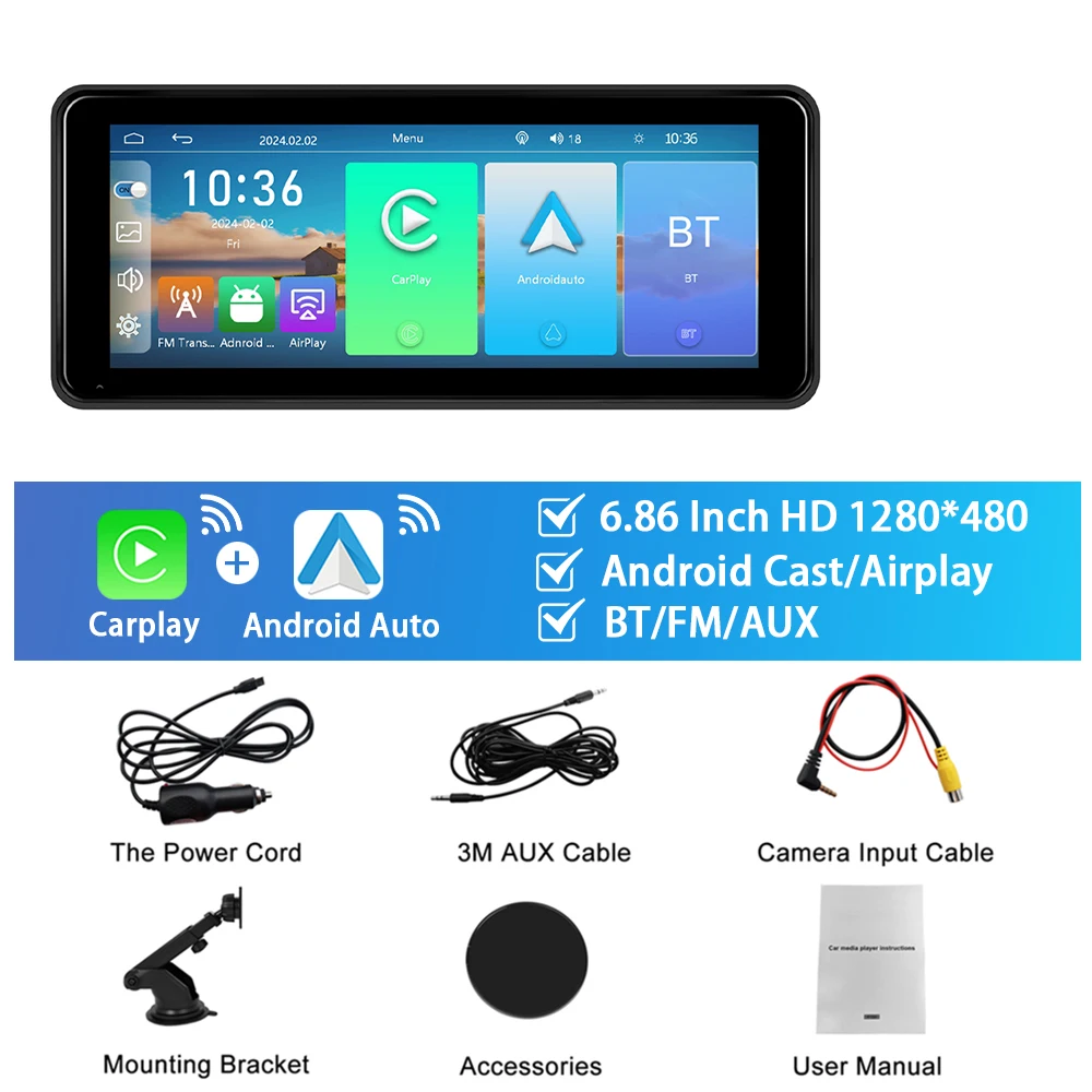 

Автомобильный видеорегистратор Podofo Carplay Smart Screen Player Android Auto 6,86 ''монитор AUX Audio Bluetooth EQ приборная панель Airplay Android Cast