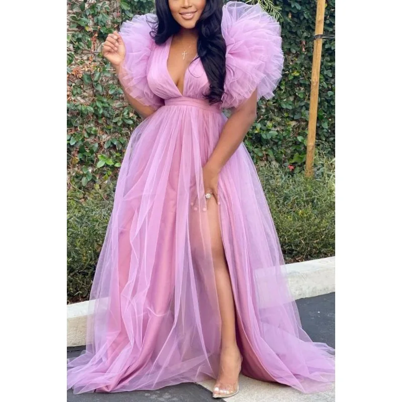 

Puff Mesh Short Sleeves Women Party Dress Plus Size 5XL Side Split Deep V Neck Sexy Club Dresses Charming Birthday Dresses